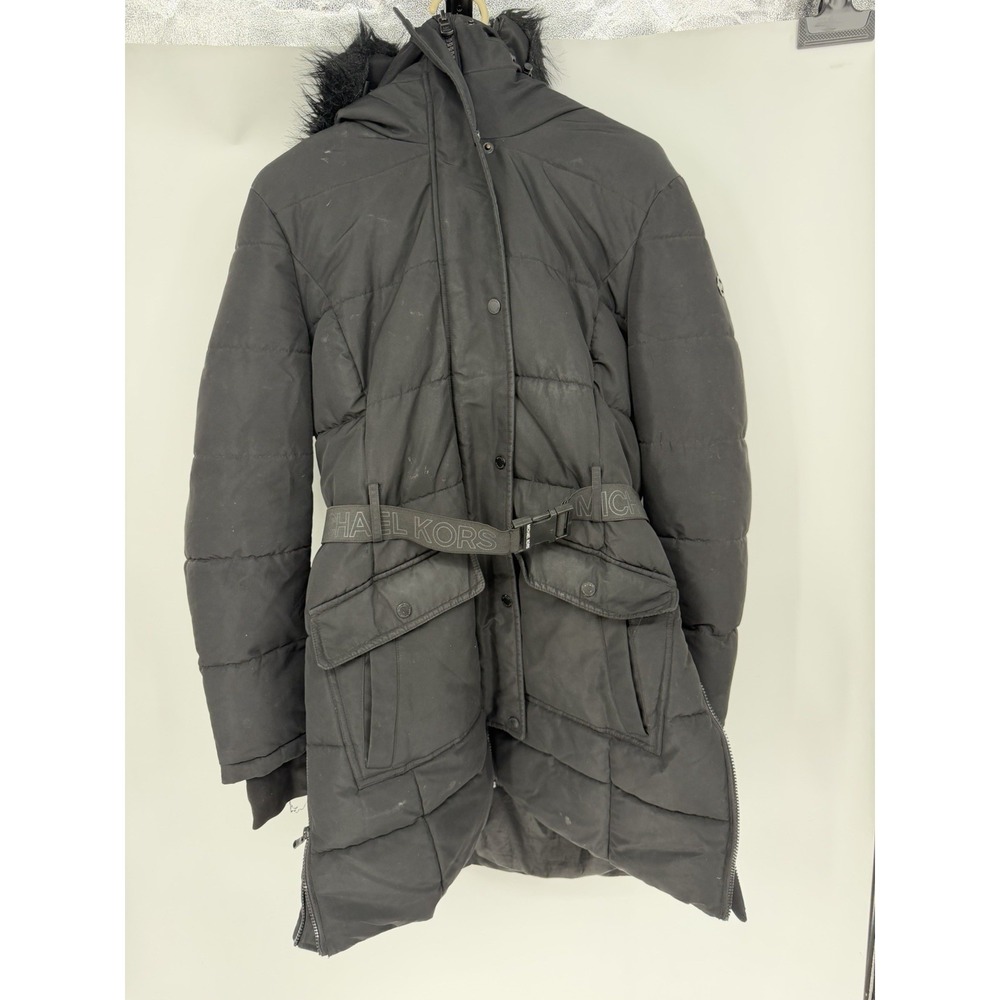 Michael Kors Women's Large Belted Faux Fur Trim Hooded Coat Size Zips Black